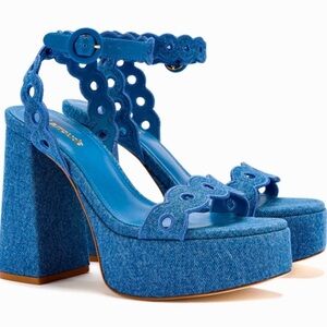 NEW Larroude Dolly Broderie Platform Sandal In Blue Stoned Denim